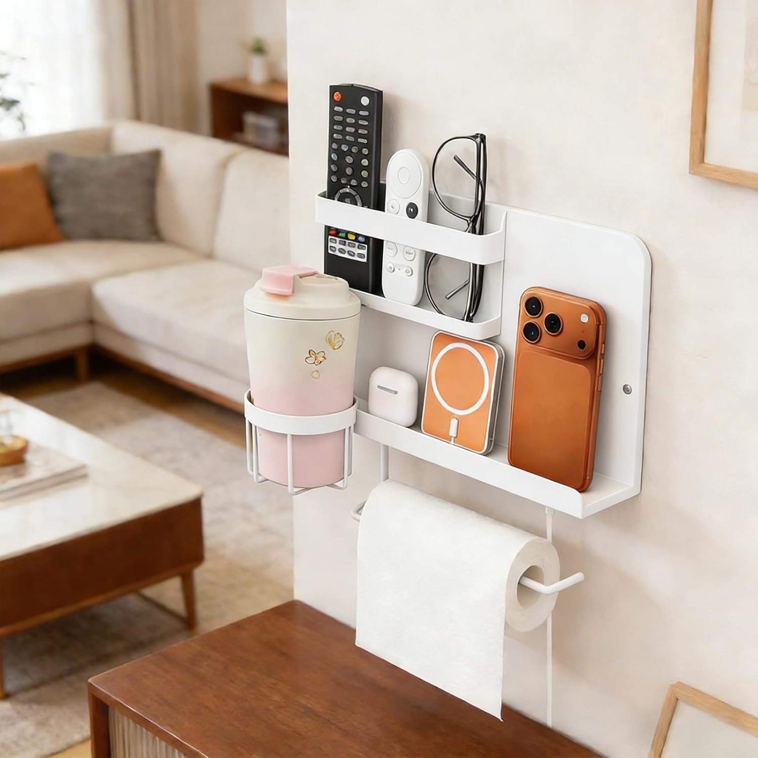 Bcareself Bedside Wall Organizer, Floating Bedside Shelf Wall Mount, Dorm Room Essentials, Remote Control Holder, Dorm Decor Organization and Storage Cool Teen Girls Trendy Stuff (White)
