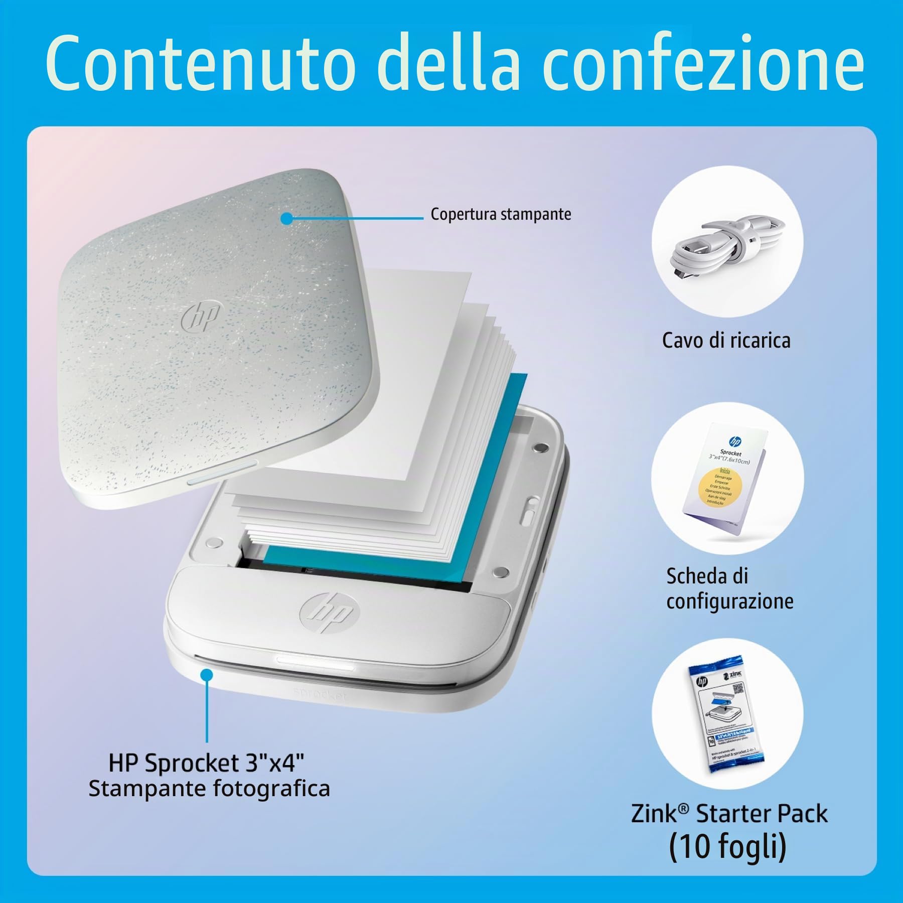 HP Sprocket 3x4 (8,9x10,8 cm) Stampante fotografica portatile, Stampa istantanea di foto e creazione di scrapbook con carta adesiva Zink, Ideale per l'uso domestico o in viaggio, Bianco.
