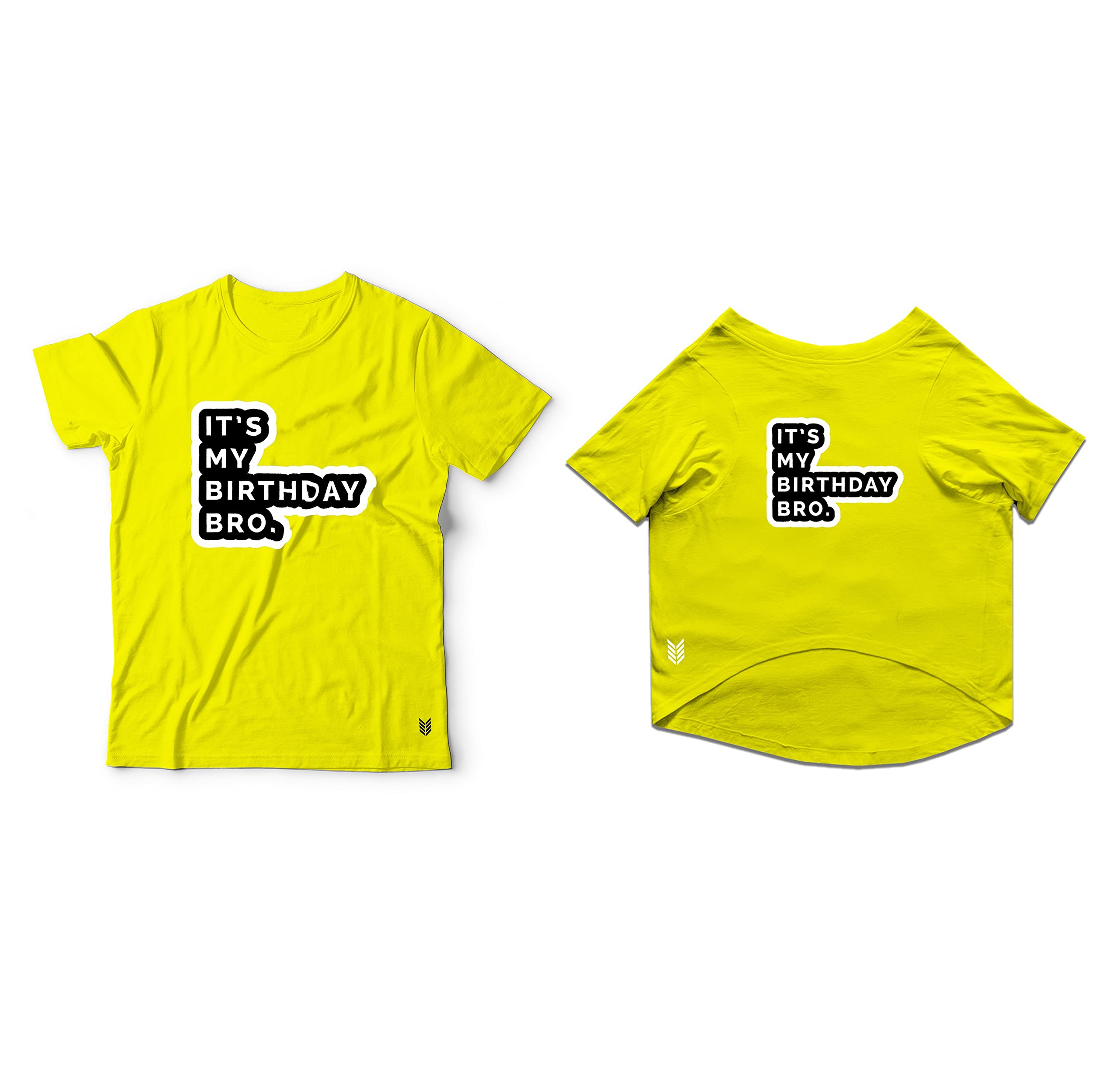 RuseRuse Twinning Basic Crew Neck It's My Birthday Bro Printed Half Sleeves Dog and Unisex Pet Parent Tees Set.Colour-Yellow/2XL (Parents)/Large (Dogs)