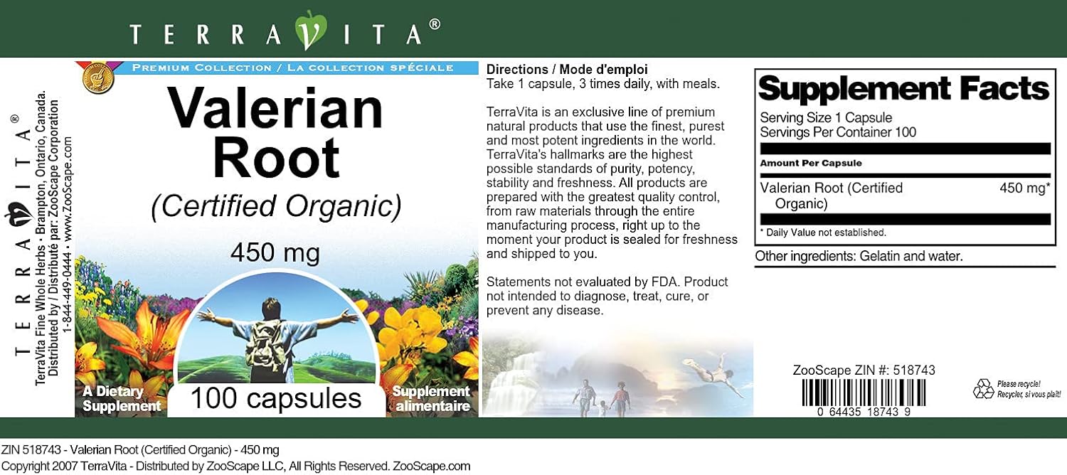 Valerian Root (Certified Organic) - 450 mg (100 Capsules, ZIN: 518743) - 3 Pack
