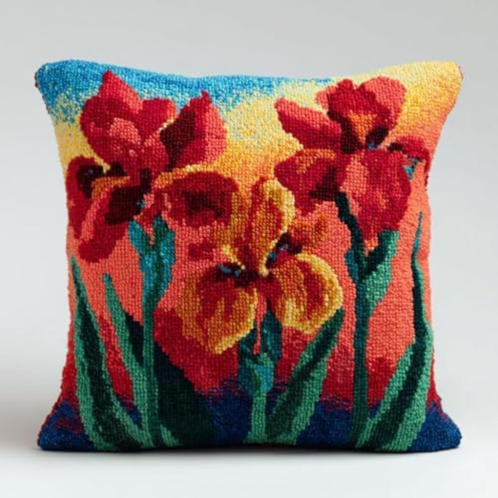 kitphoenix DIY Latch Hook Cushion Kit for Adults,Canna Flowers and Sunset,Handmade Cushion Cover Craft Set,Creative Gift for Women with Yarn and Hook,43x43 cm