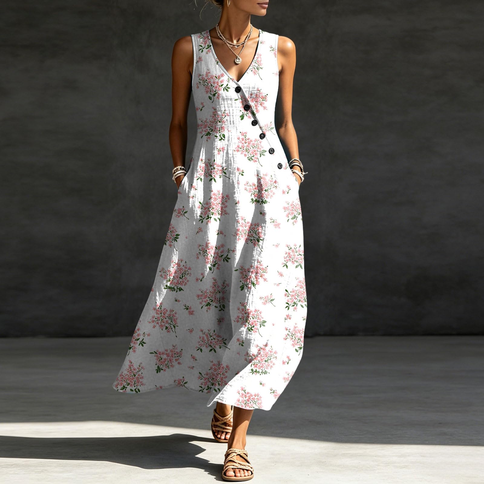 Abiti Estivi Donna Cotone Corti Abito Estivo da Donna Senza Maniche con Fantasia Floreale, Bottoni Asimmetrici e Scollo a V. Abito Estivo