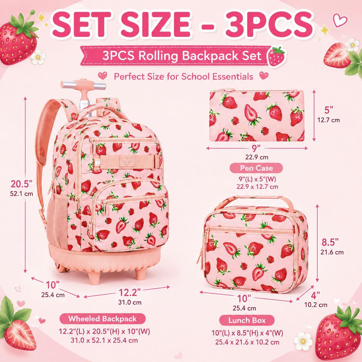 3Pcs Rolling Backpack for Girls, Strawberry Kids Roller Bookbag with Wheels, Wheeled Backpacks Set for Elementary School(Pink) image 4
