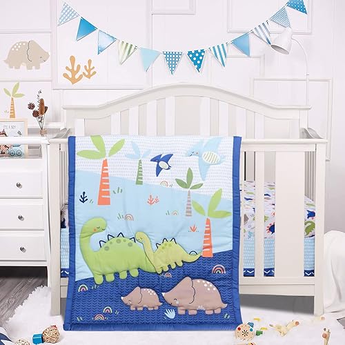 Juego de ropa de cama para cuna para niños, juego de cama de 3 piezas de dinosaurio de tamaño estándar, incluye edredón de cama de bebé, sábana
