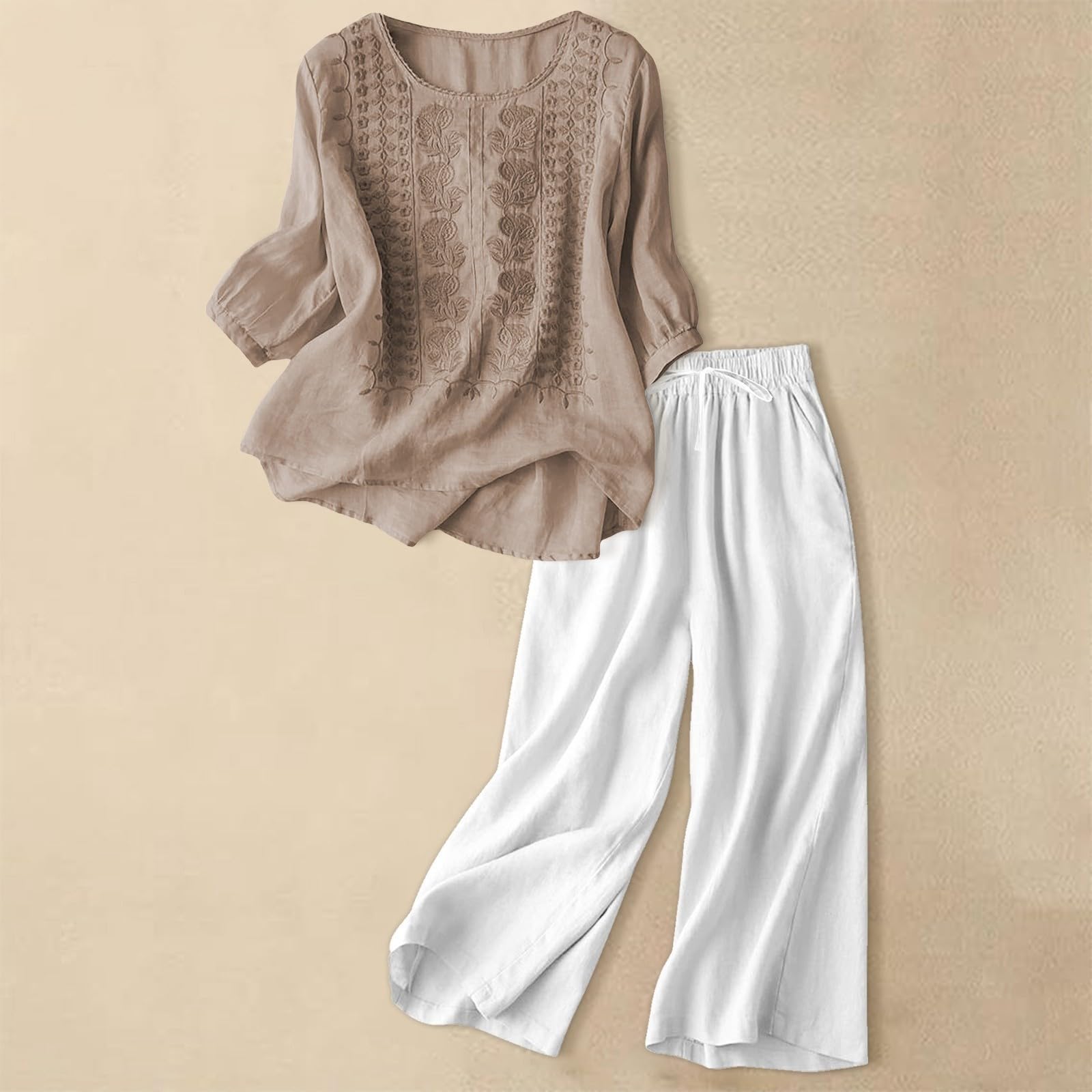 Ensemble Femme Pantalon et Haut Fluide en Lin 2 Pieces Pantalon Large Fluide + Chemise Manches Longues Lin Printemps Été Ample Respirant Ensembles de Vêtements Décontracté Tenue Plage Loungewear