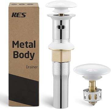 KES Bathroom Sink Drain Strainer with Overflow, Pop Up Drain Stopper, w/Strainer Basket Anti-Clog Hair Catcher, Ceramic Cap and All-Metal Body, White, S2013A-CW