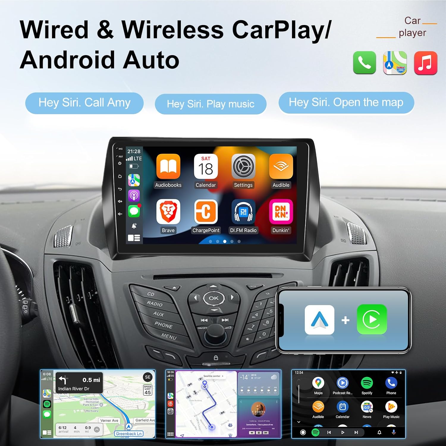 CarPlay and Android Auto interfaces displayed on the car radio screen with voice command examples