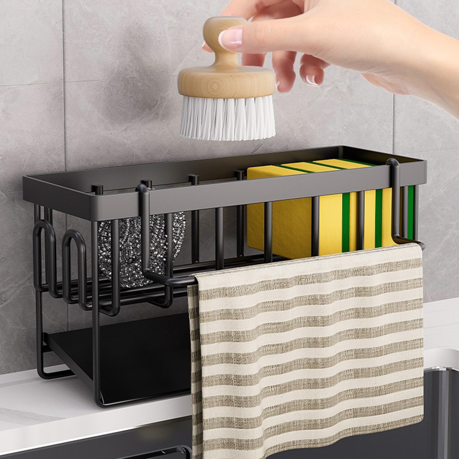 Kitchen Spülbecken Organizer Schwammhalter - Küche Spüle organizer mit Abnehmbarem Spültuchhalter, Metall Sink Organizer mit Automatisch Abflusspfanne, Kann an die Wand Gehängt Werden(Schwarz)