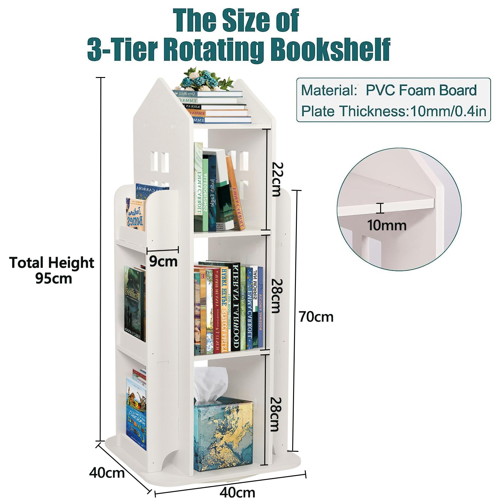 uyoyous 3-stufiges Drehbares Bücherregal Standregal Drehregal Weiß | 360 Grad Drehbar Buchregal Bücherregalturm Platzsparende für Schlafzimmer Wohnzimmer Arbeitszimmer, 40 x 40 x 95 cm