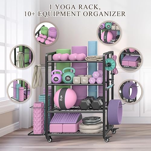 Miniatura 2 de 4-Tier Dumbbell Rack Stand Only, Adjustable Weight Rack for Dumbbells Kettlebells Yoga Mat, Home Gym Storage Rack with Wheels and Hooks, Powder
