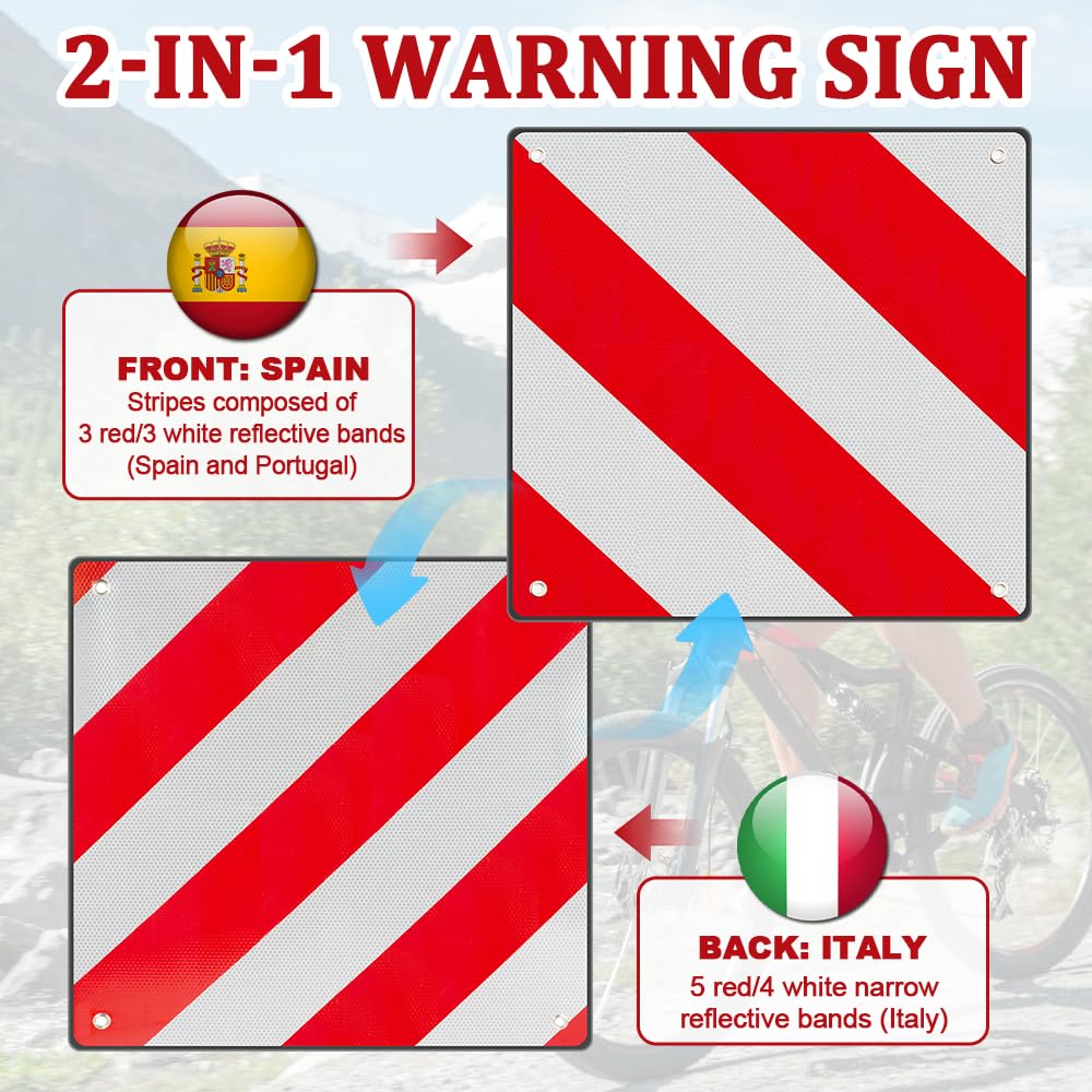 2 in1 Señal de Advertencia Italia y España, 2 Piezas Señal Reflectante de Advertencia Rojo y Blanco incluye 4 Tirones para Portabicicletas, Autocaravana, Caravana, Coche (50 x 50 cm)