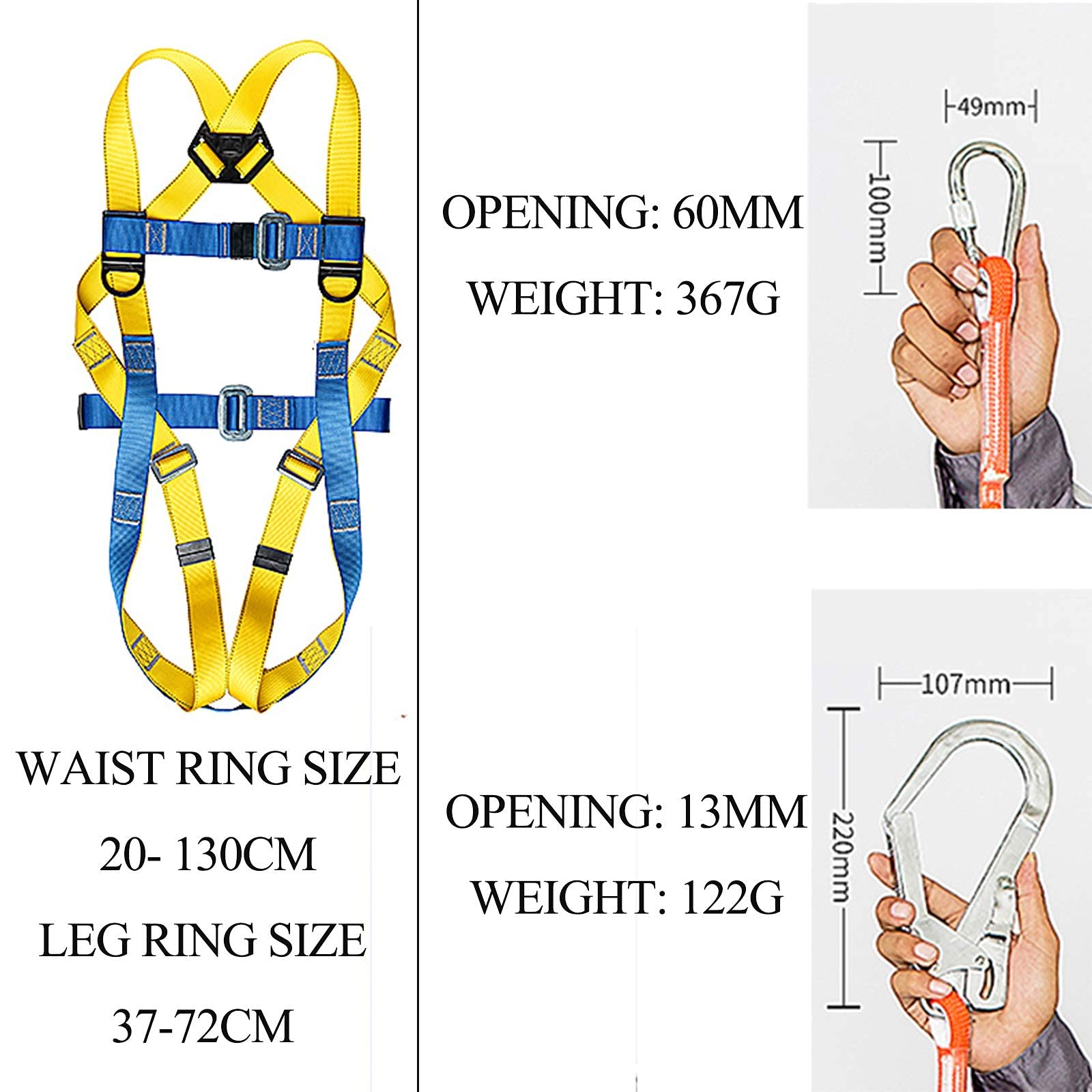 SwaYve Harnais Antichute de Sécurité, Kits de Harnais de Sécurité Complets Pour Le Travail Aérien, Ceinture de Sécurité, Kit de Harnais de Sécurité de Protection Contre Les Chutes/Single Big Hook/1.8M