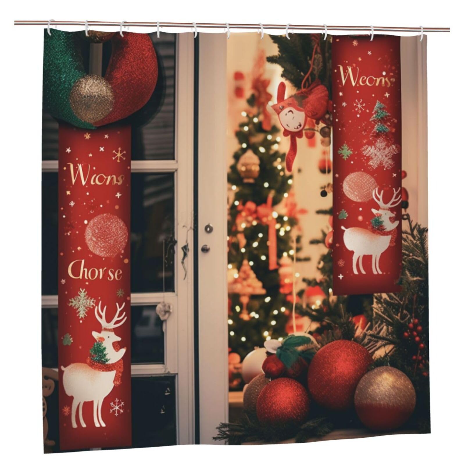 BWWHCCTI Xmas Decorations Printed Shower Curtain With 12 Plastic Hooks Opaque Quick Drying Waterproof Shower Curtains Sets For Bathroom 183x183 CM