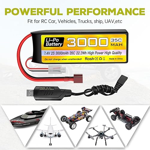 Miniatura 2 de sea jump 2S Lipo Batería 7.4V 3000mAh 35C con enchufe T y cable de carga USB adecuado para RC coche, camión, barco, RC Quadcopter Aircraft, batería