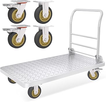 Platform Truck with Brake System 2600lbs Capacity Heavy Duty Push Cart Dolly Foldable Flatbed Cart with 5 Swivel Wheels Large Steel Platform Dolly Cart for Groceries, Garage, Warehouse 24" x 48"