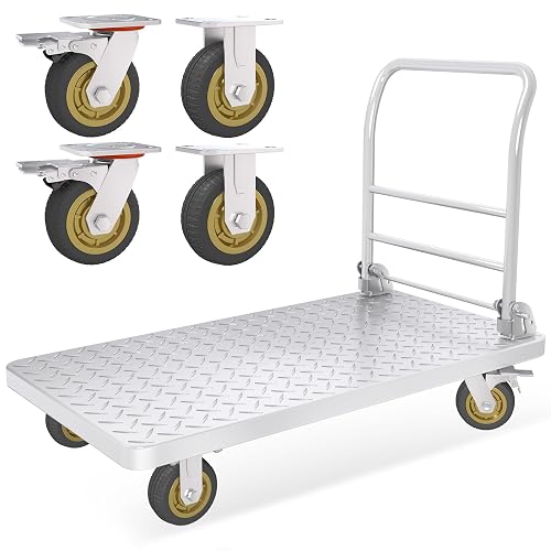 2600lbs Heavy Duty Platform Truck Dolly Cart with Brake Wheels(24" x 48") | Push Cart Dolly Foldable Flatbed Cart with 5'' Swivel Wheels Large Steel Platform Dolly Cart for Groceries, Garage, Warehouse