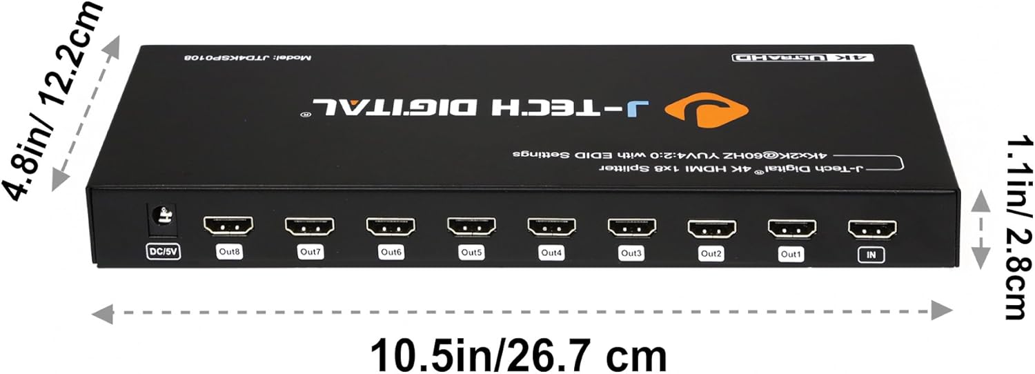 Exclusive Discount 60% Price J-Tech Digital JTD4KSP0108 Premium Quality Ultra HD 4K 60HZ 1x8 HDMI Splitter High Resolutions Up To 4Kx2K 36-Bit Deep Color