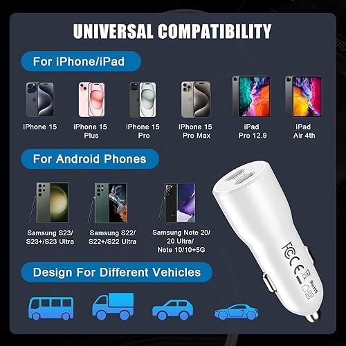 Miniatura 4 de Cargador rápido para iPhone 15, cargador de coche USB C dual de 40 W, adaptador de carga rápida con 2 cables USB C a USB C para iPhone 1515 Plus15
