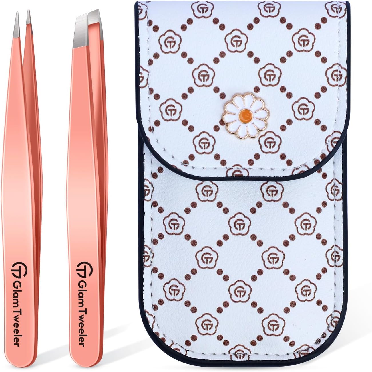 Expert Slant and Point Tip Tweezer Set with Exclusive Travel Case, GlamTweeler Sharp & Precision Tweezer Set for Eyebrows, Facial Hairs & Fine Hairs Removal (Rose Gold)