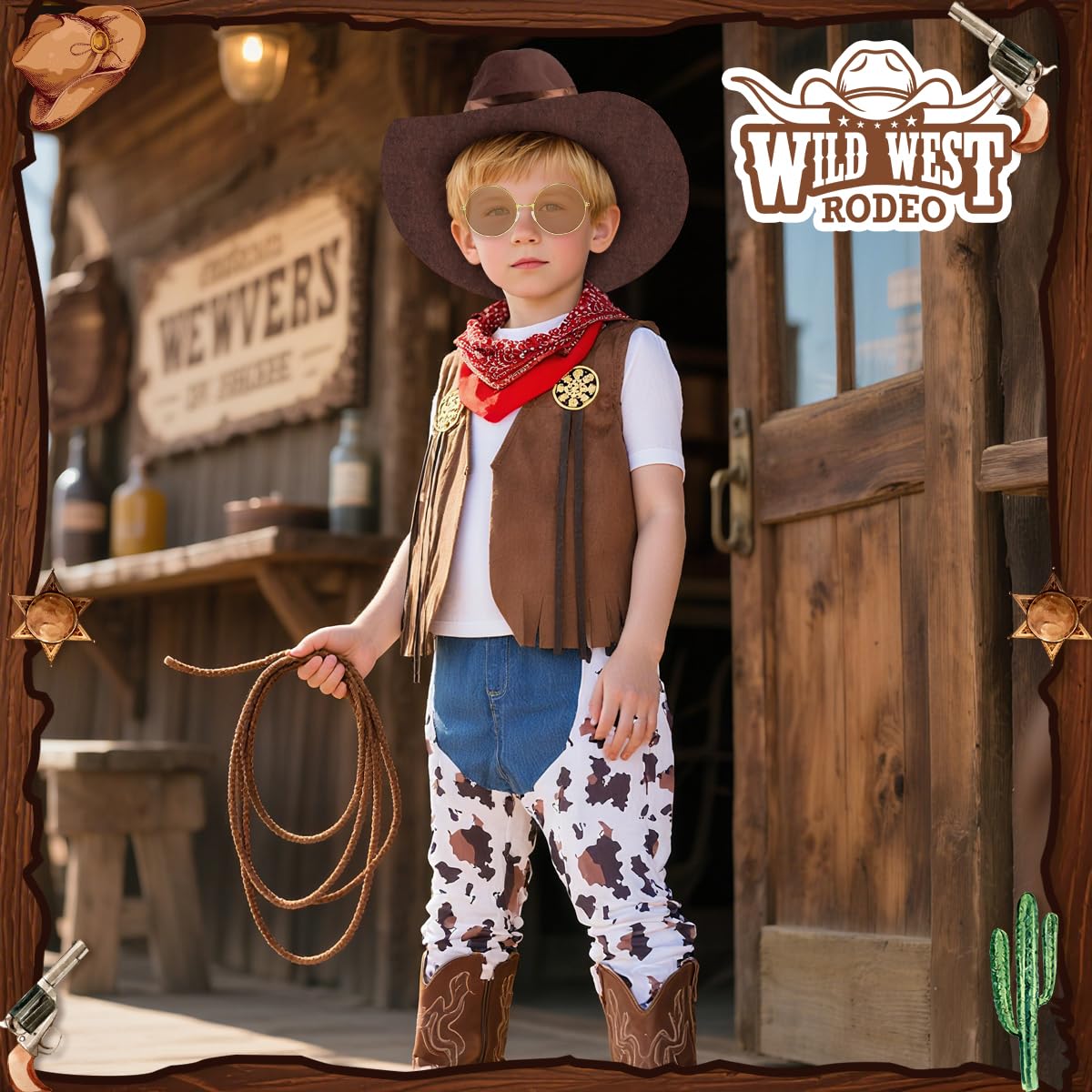 Costume Cowboy Bambino, Western Vestito da Cowboy Bambini con Gilet, Pantaloni, Cappello, Bandana Accessori, Costume da Cowboy Bambino per Halloween Carnevale Dress Up Festa Cosplay, 3-10 Anni