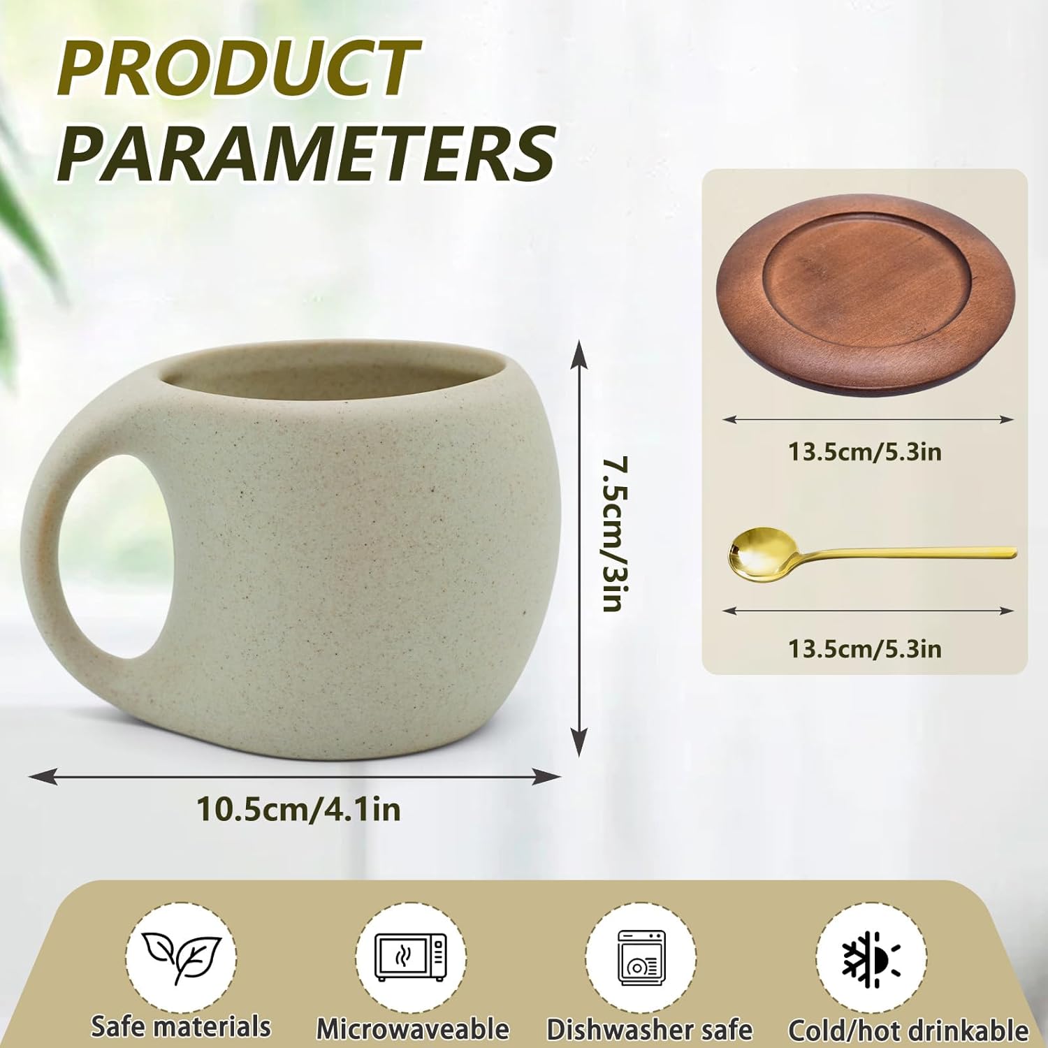 Ceramic Coffee Mug Set with Natural Wood Saucer & Spoon - 8.5 Oz Elegant Tea Cups for Latte, Hot Tea, Cappuccino, Milk - Microwave & Dishwasher Safe Cups for Men Women Birthday Christmas Gifts - Image 2