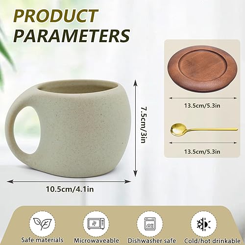 Miniatura 2 de Juego de tazas de café de cerámica con platillo de madera natural y cuchara, tazas de té elegantes de 8.5 onzas para café con leche, té caliente,