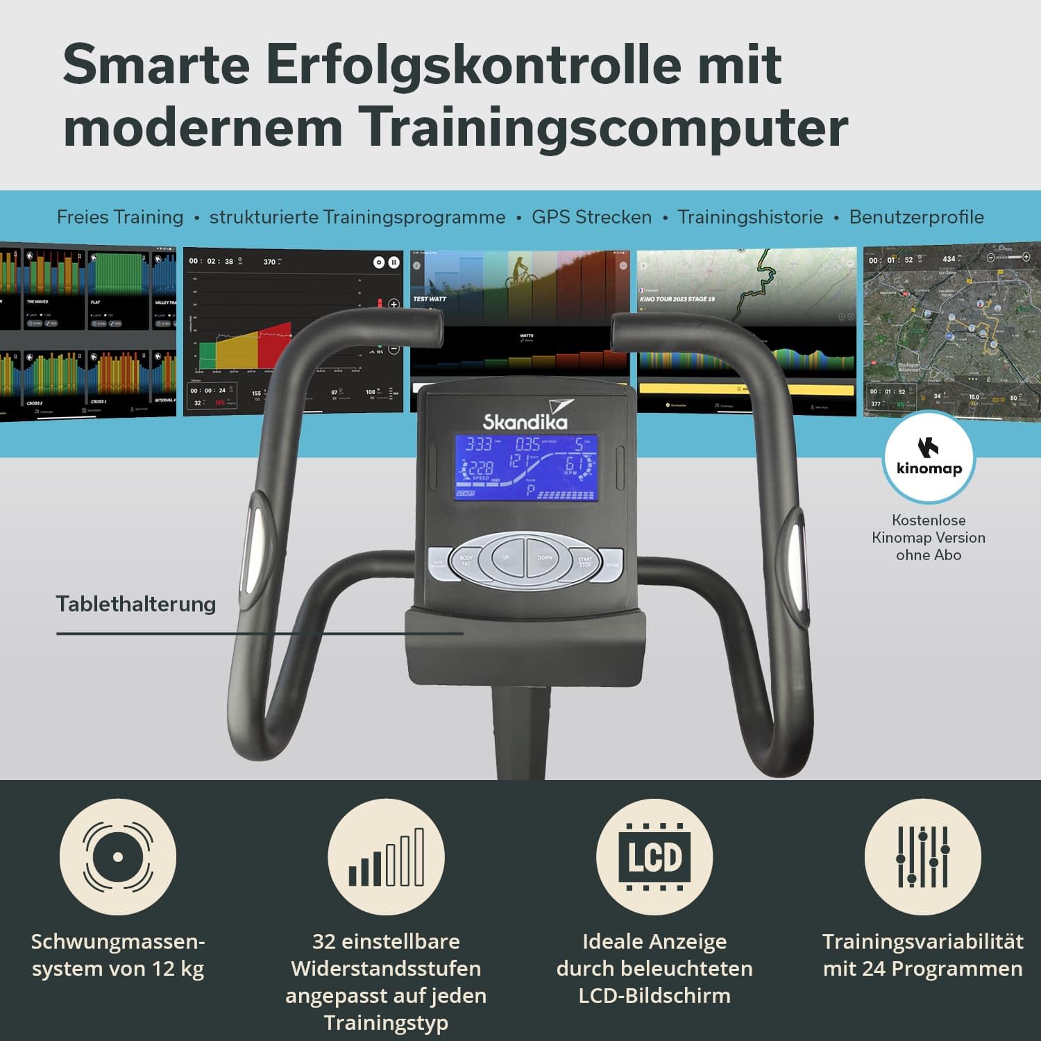 Skandika Ergometer Morpheus | Heimtrainer für Zuhause, 12 kg Schwungmassensystem, 32 Levels, 24 Programme, App Kompatibel mit Kinomap, Pulsgurt, Tablethalterung | Indoor Fahrrad bis 150 kg