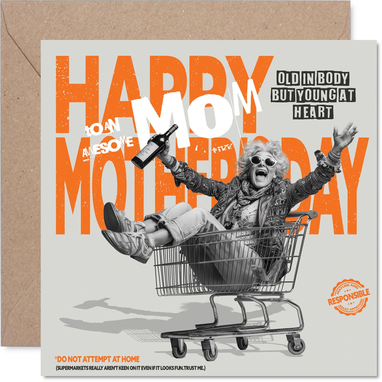 Playful Mother's Day Card for Mom - Witty Milestone Mischief - Elderly Woman Riding a Shopping Trolley, Orange and Black Humour - 145mm Square, Envelope Included