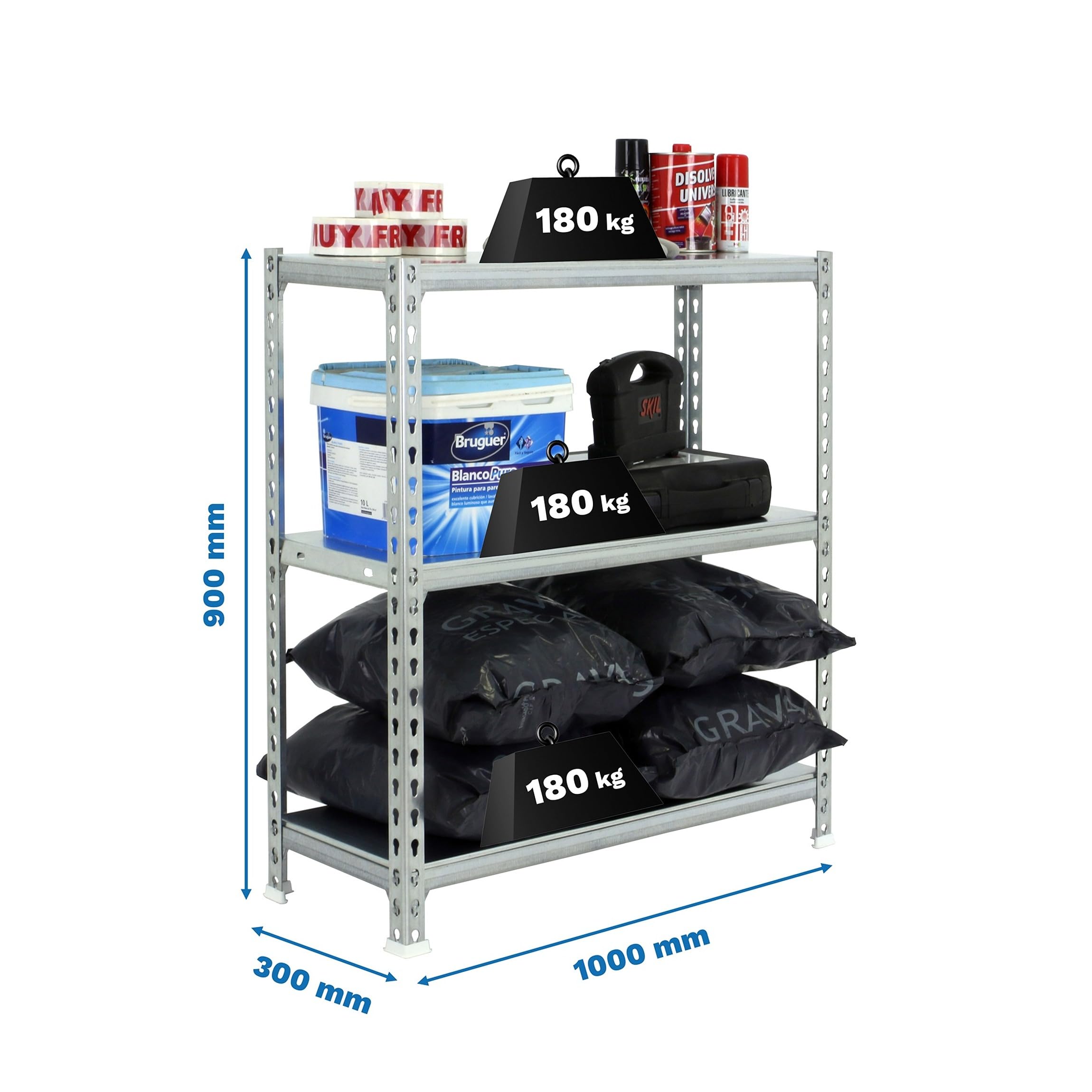 Simon Rack Regał metalowy 900x1000x300 mm, 3 półek, nośność 180 kg na półkę, regał magazynowy i garażowy, stabilna konstrukcja, kolor Ocynkowane – Simon Classic