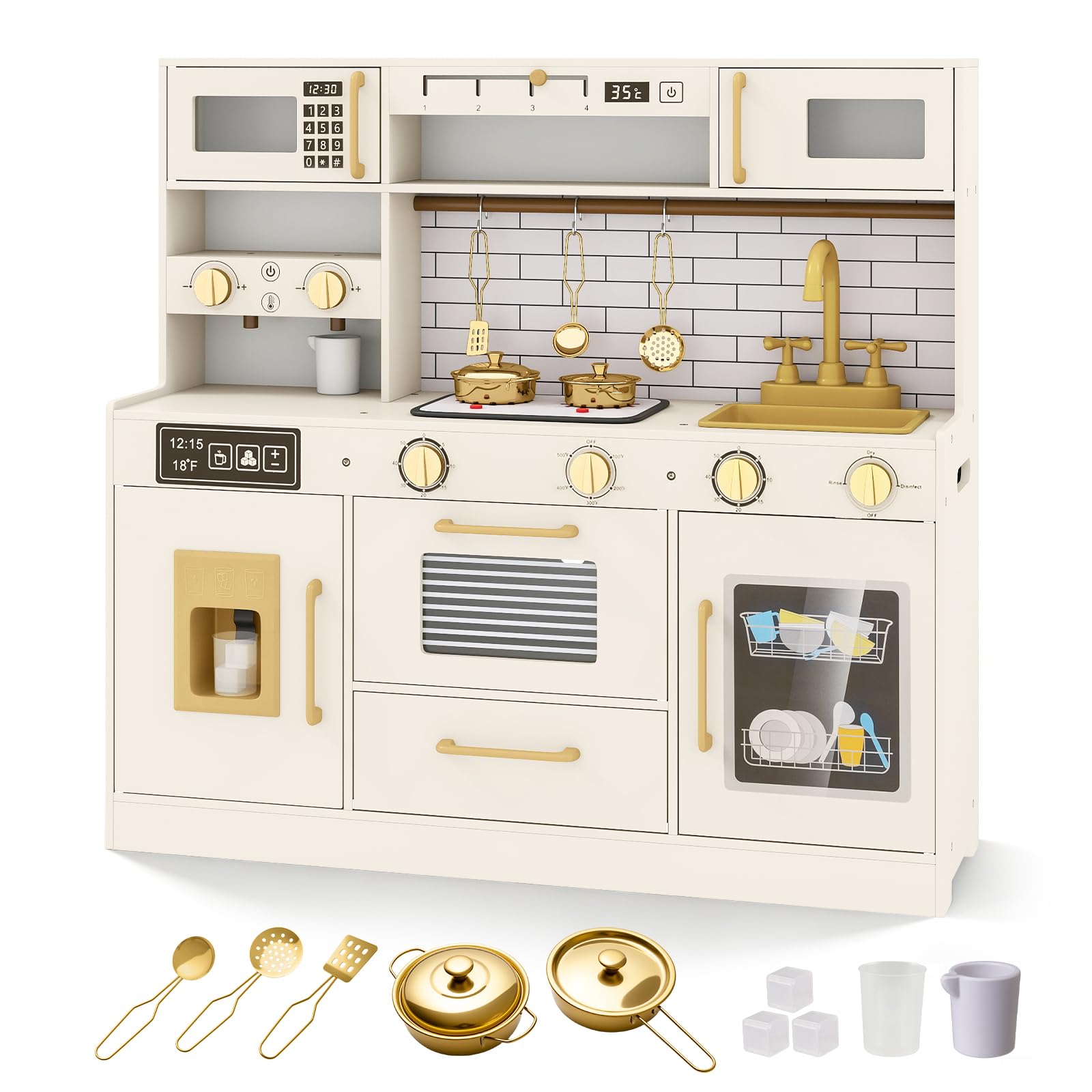 COSTWAY Kids Play Kitchen, Wooden Pretend Toy Kitchen with Realistic Lights & Sounds, Range Hood, Sink, Faucet, Ice Dispenser, Water Dispenser, Children's Chef Role Play Set for Boys Girls
