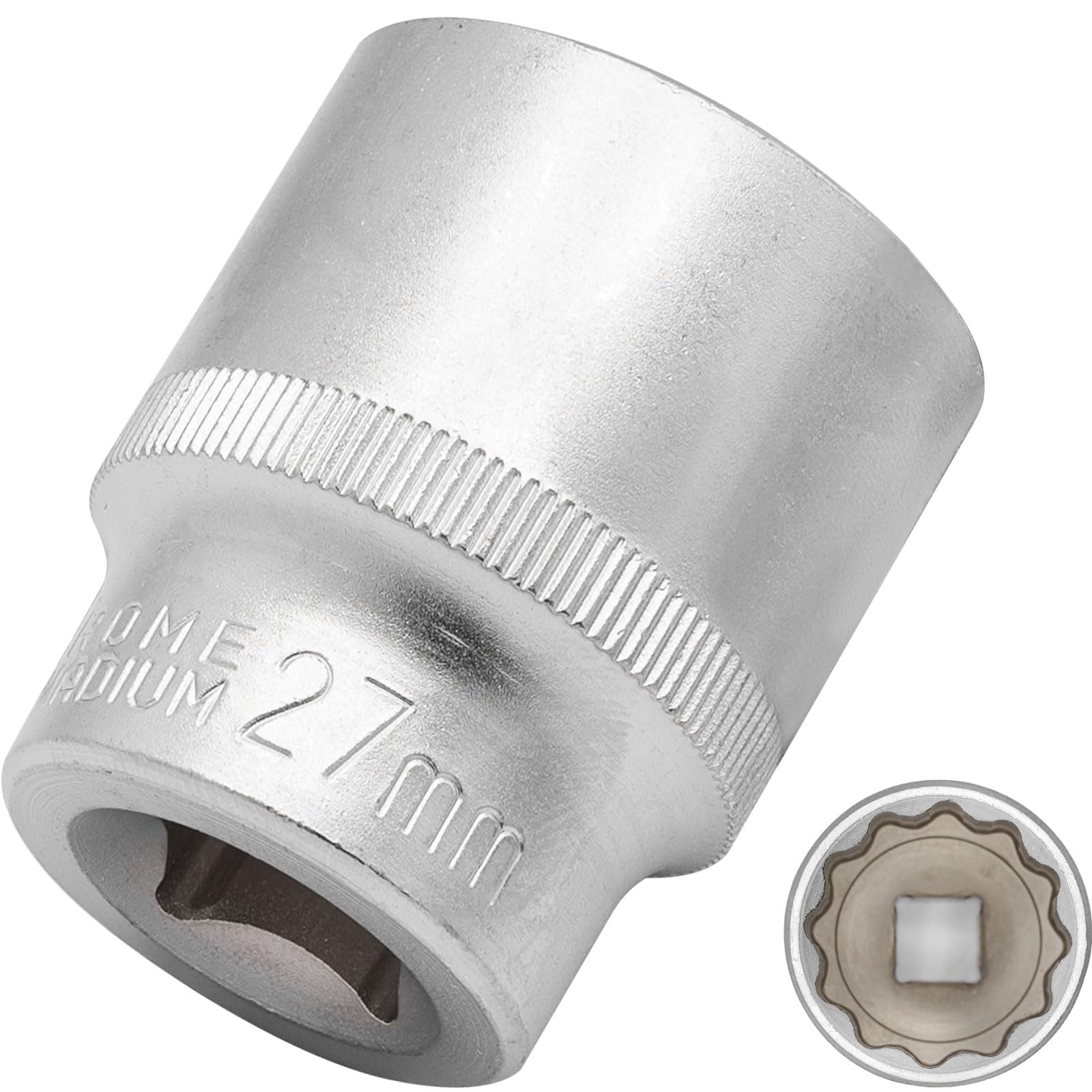 Dakcos 27Mm Spline Socket 1/2" Drive Multi-Tooth 12 Ponit Socket Spanner,Cr-V, Mat Chrome Finis