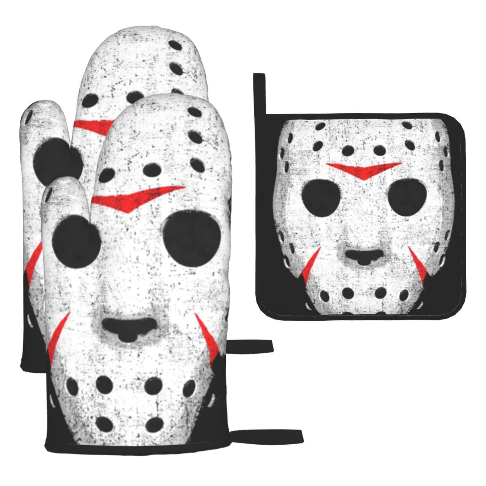 Oven Mitts and Pot Holders Sets, Heat Resistant Hot Pads with Non-Slip BBQ Gloves, Horror Skull Labor Tool