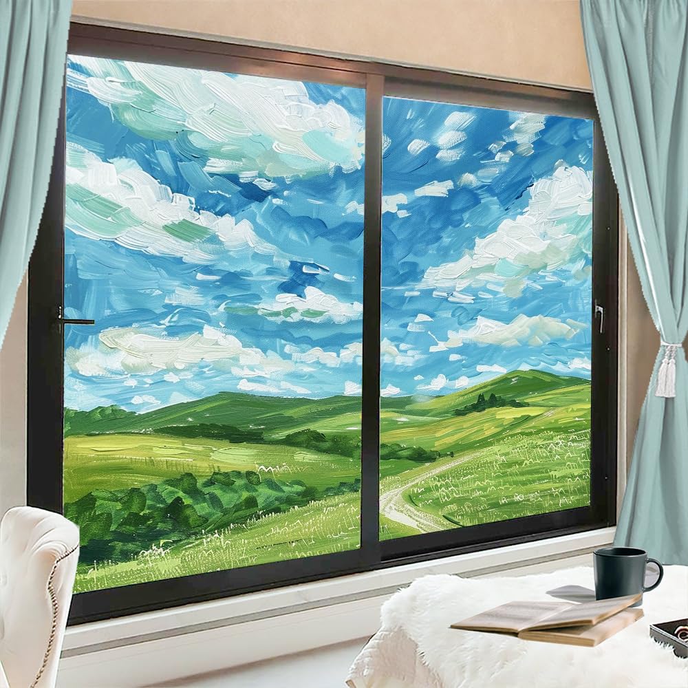 Fyfmushe Watercolor Grassland Frosted Window Privacy Film, Green Field Countryside Landscape Glass Covering, Static Cling Window Sticker Decals For Home 70X120 Cm X 2 Pcs