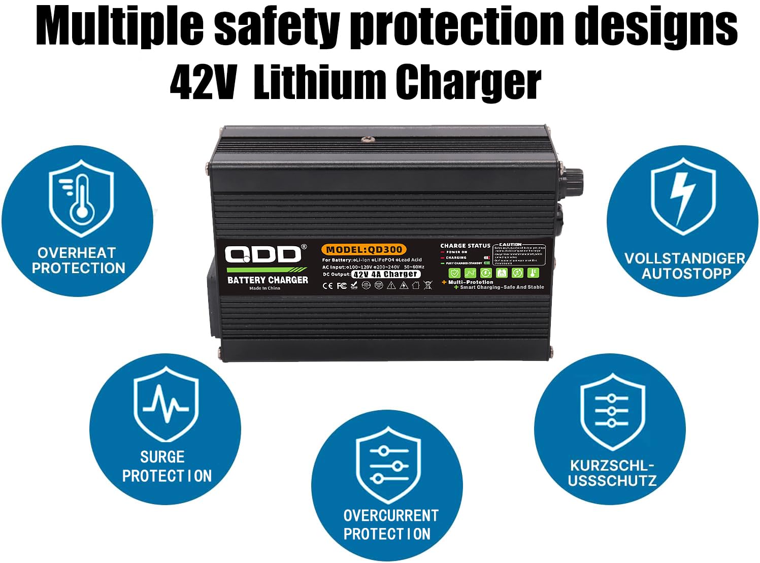 QDD Chargeur de batterie 42 V 4 A Protection multiple pour batterie Li-ion 36 V avec prise XLR 1 + 2 broches