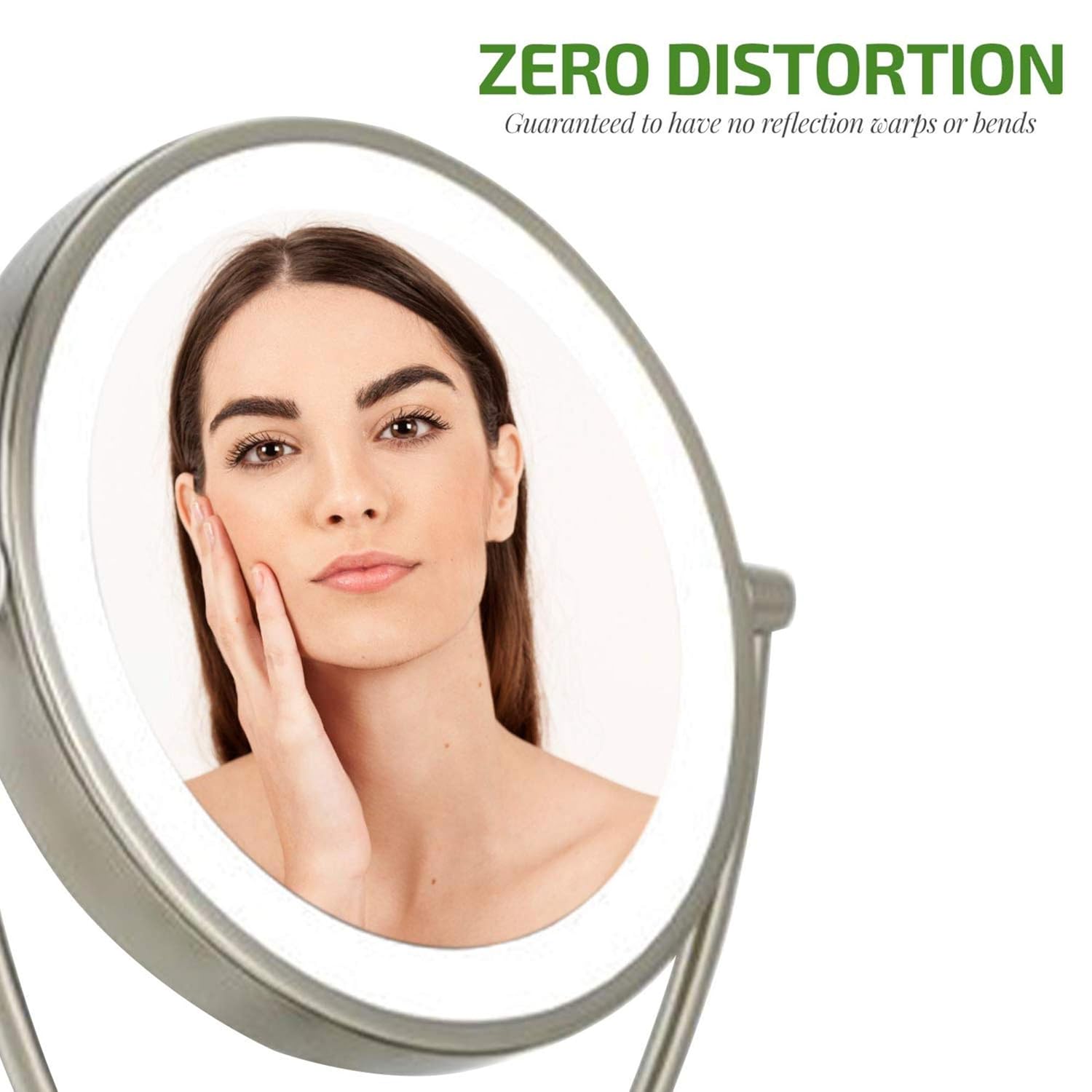 Ovente Lighted Tabletop Makeup Mirror 9.5 Inch LED Dimmable 1X 5X Magnifier 360 Adjustable Double Sided Battery USB Operated Bedroom Lamp Vanity Cosmetic Professional Large Nickel Brushed MLT45BR1X5X