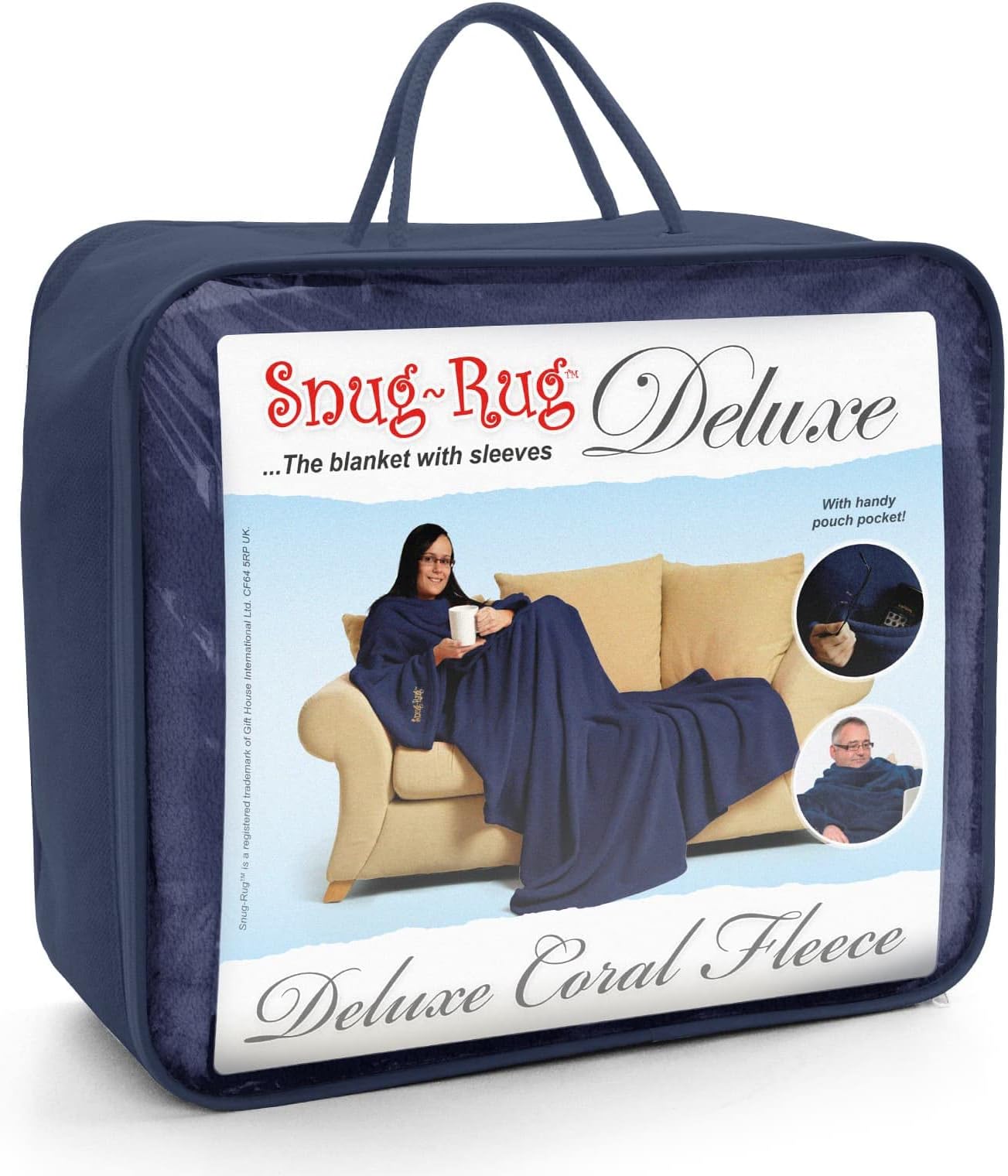 Snug Rug DELUXE Blanket With Sleeves Sleeved Blankets Luxury Cosy Super Soft Coral Fleece Fabric Long Oversized with Pouch Pocket Adults Size (Navy Blue)