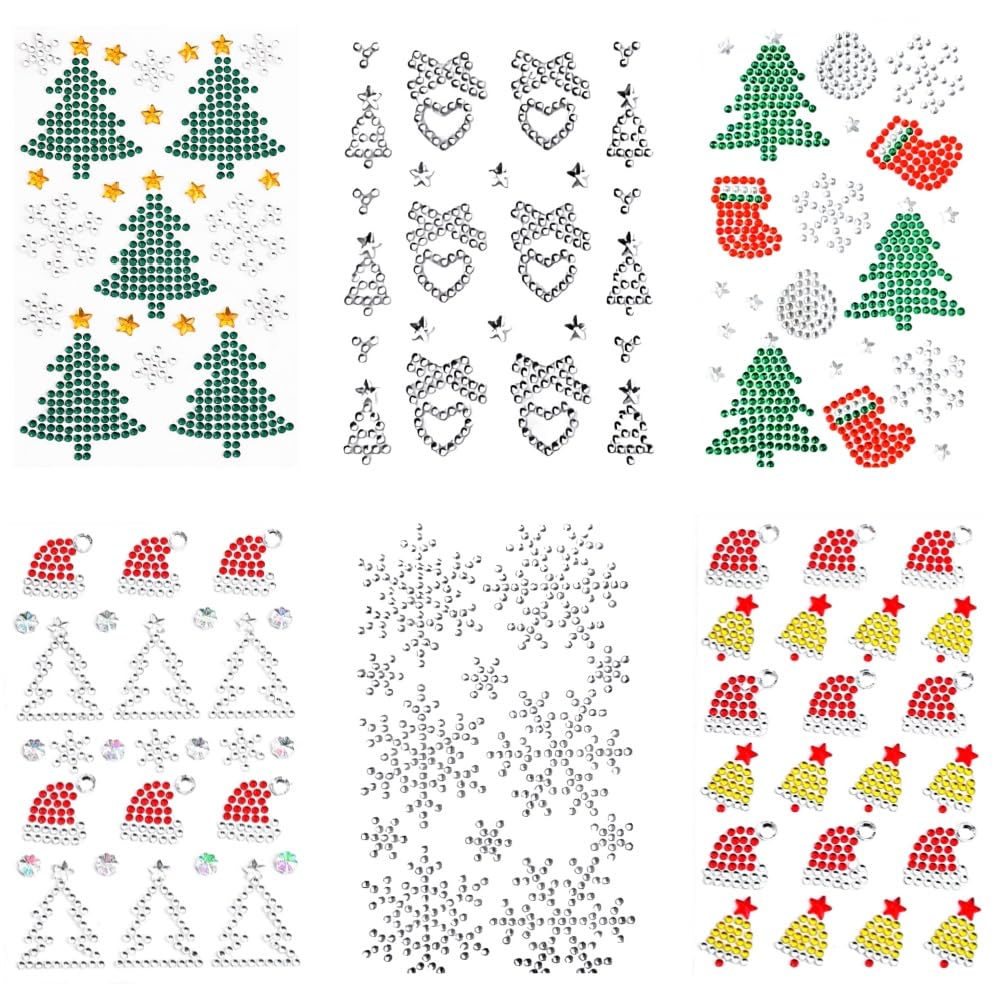SITEDAN ラインストーンステッカー クリスマス フェイスステッカー 6枚セット ラインストーン シール デコシール クリスタル キラキラ シール 顔 デコパーツ フェイスシール クリスマスツリー 雪の結晶