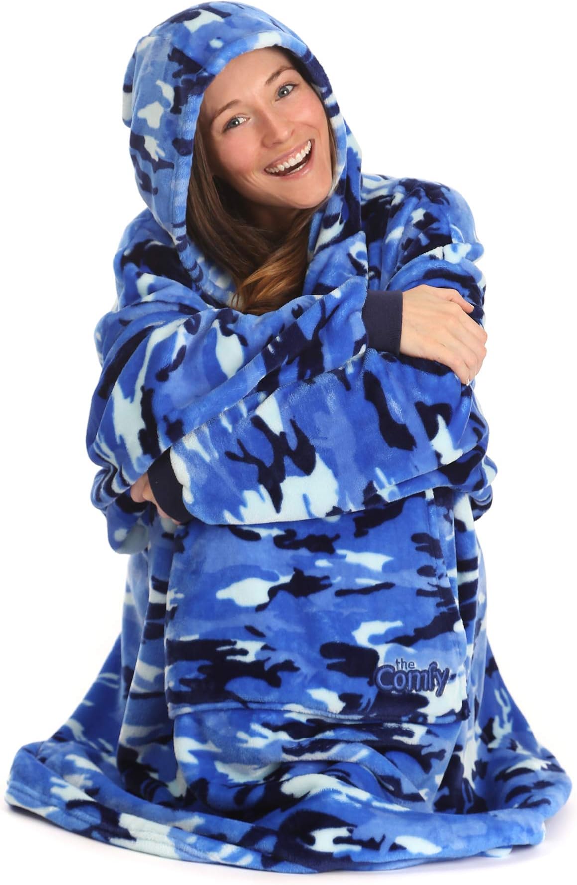 THE COMFY DREAM | Oversized Light Microfiber Wearable Blanket, One Size Fits All, Shark Tank (Blue Camo)