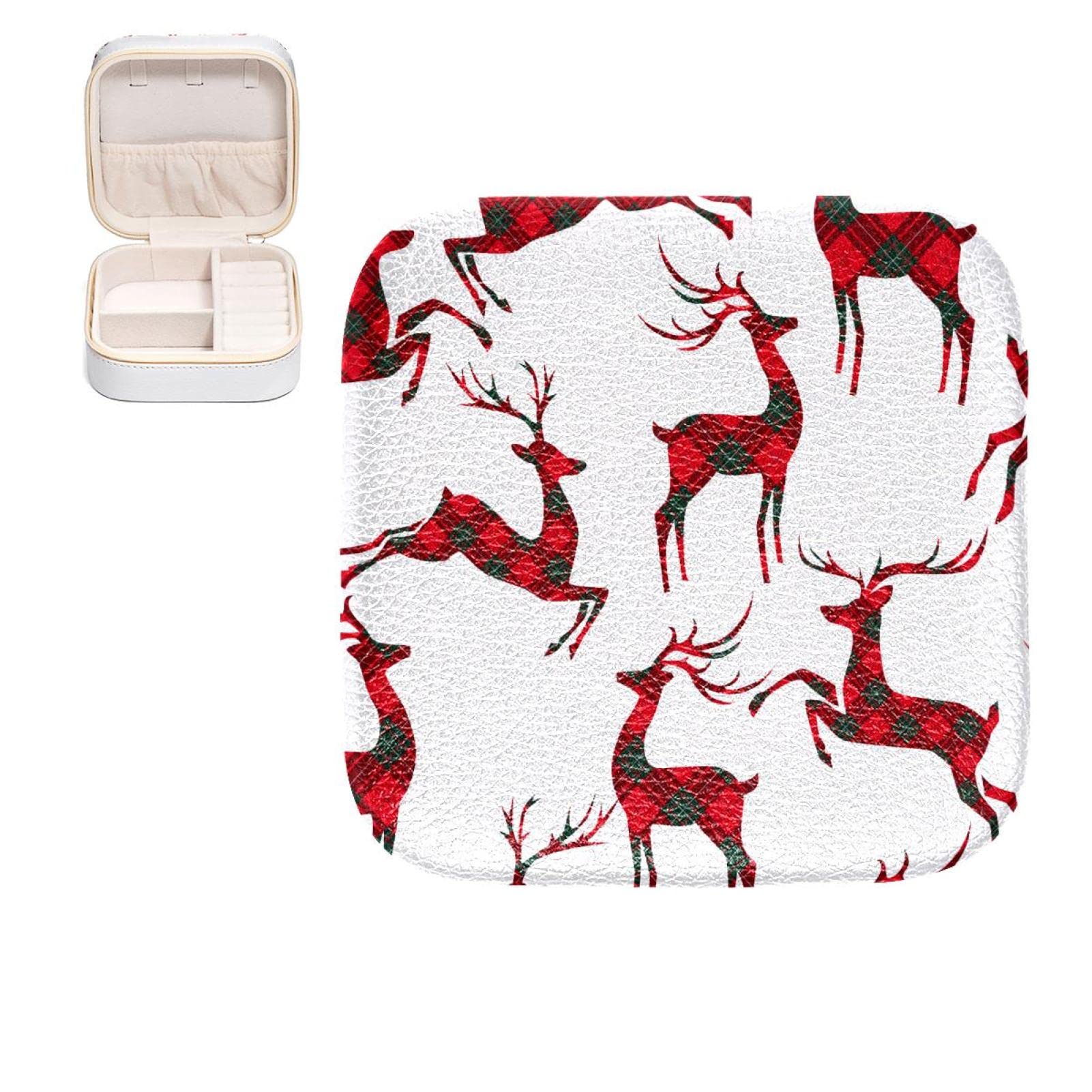 Boîte à bijoux élan à carreaux rouges pour bagues et boucles d'oreilles 10.5 cm
