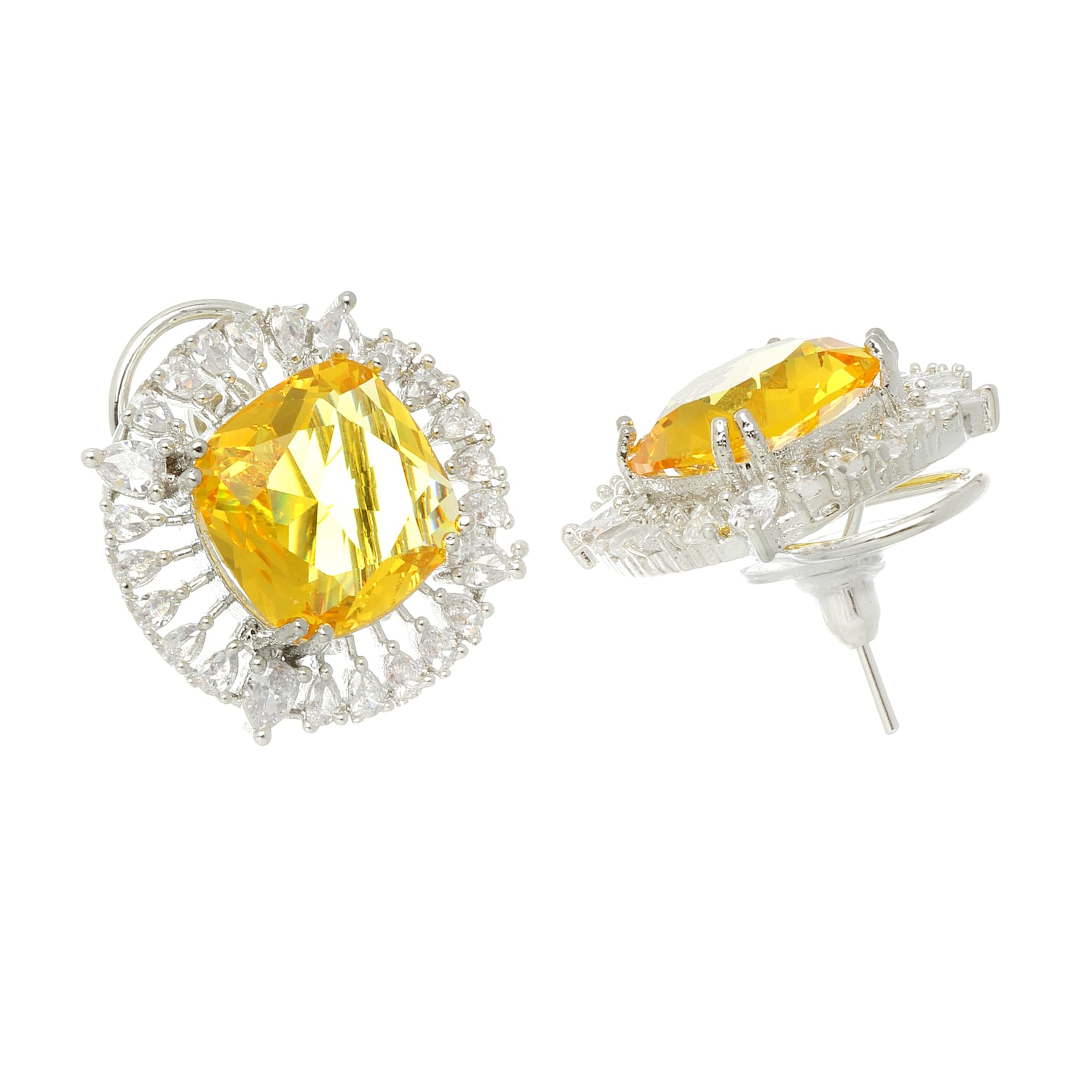 Rhodium-Plated Stud Earrings with American Diamond Studding