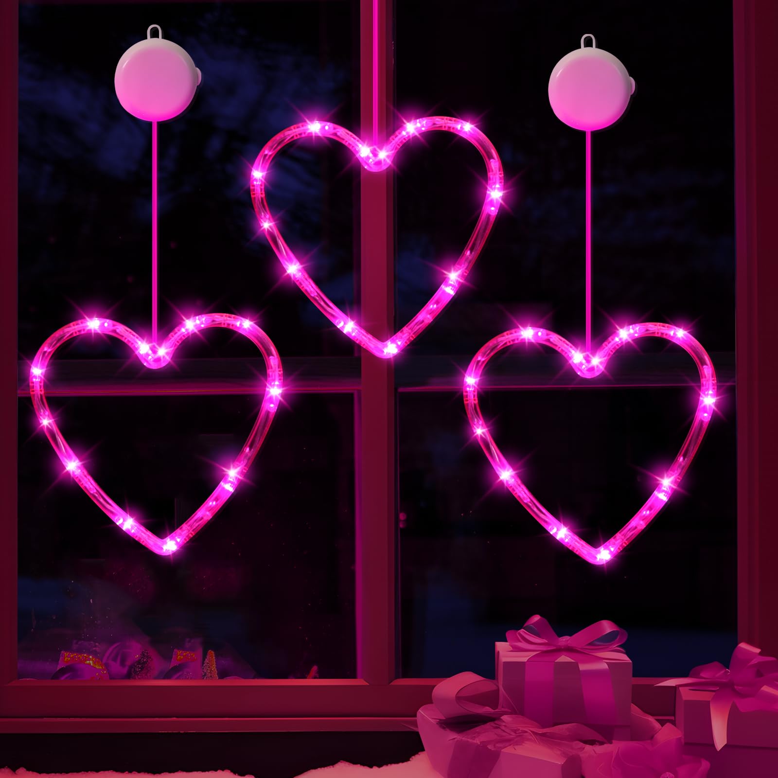 3 Pack Valentines Day Window Lights Decorations with Timer, Battery Powered Hanging Pink Lighted Heart Shaped Sucker LED Lamp for 2025 Holiday Fireplace Indoor Home Decor