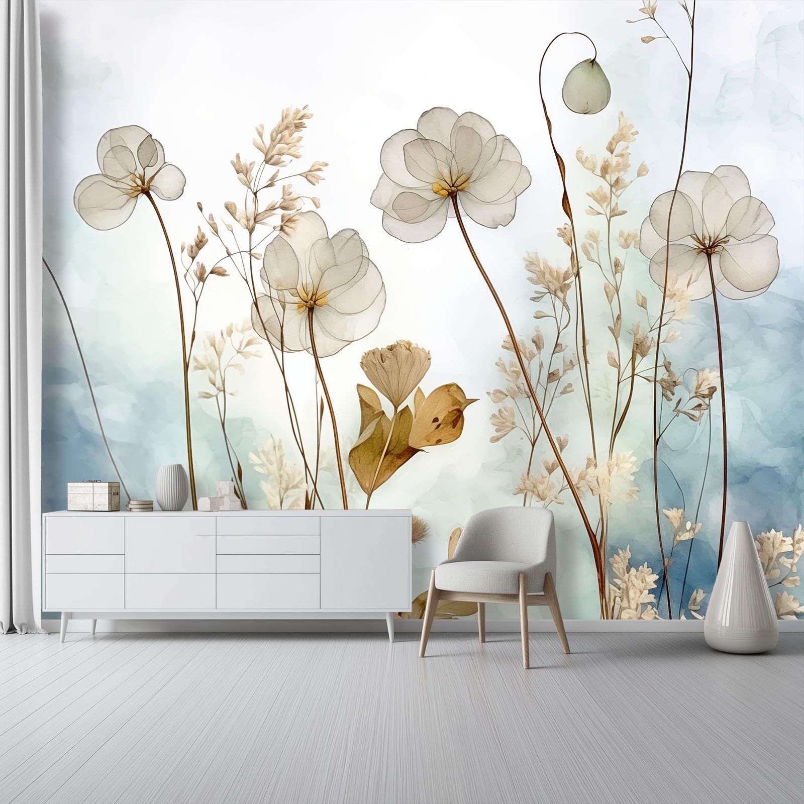 Vliestapete 350 x 256 cm für Wanddekoration - Aquarell Pflanzen Trockenblumen Tapeten für Wohnzimmer Kinderzimmer TV Hintergrund, Hellblau Modedesign Fototapete