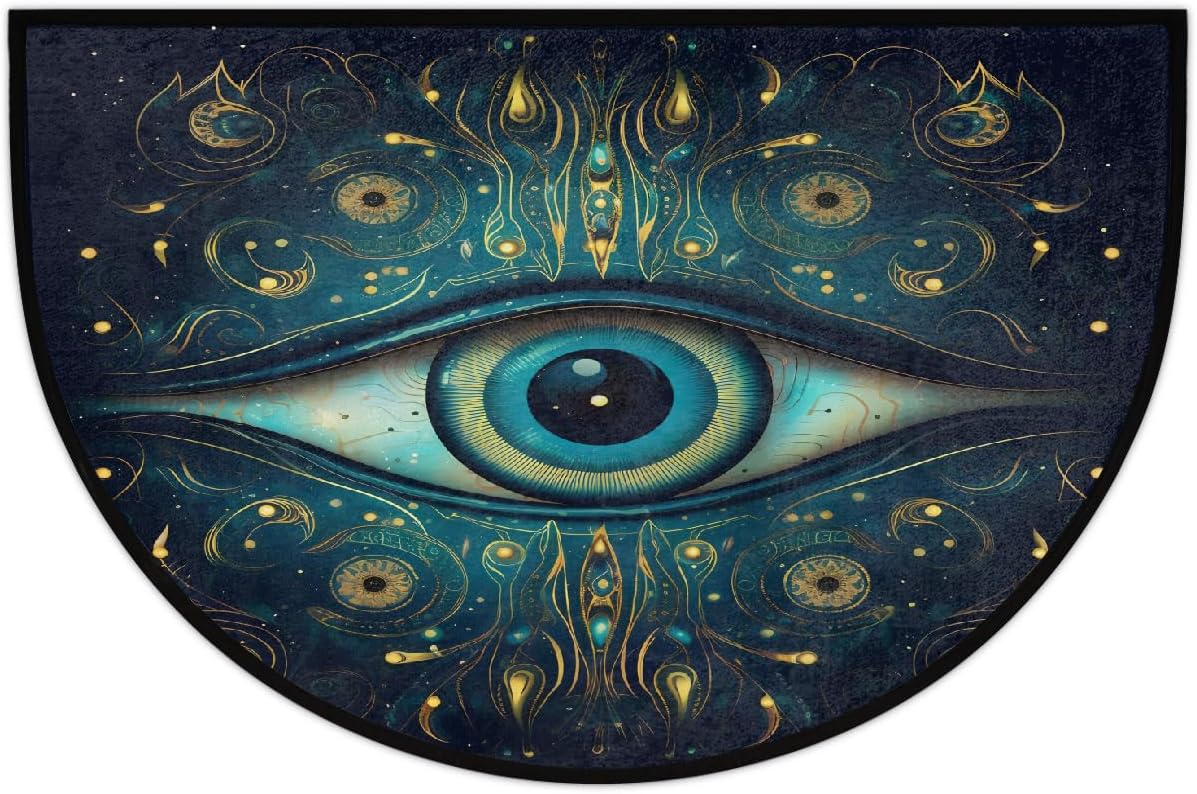 Half Round Door Mat Eyes Art Abstract Half Moon Rug Washable Half Circle Area Rugs Indoor Entrance Non Slip Semi Circle Bathroom Rugs Floor Carpet for Kithen Bedroom Fireplace Decor