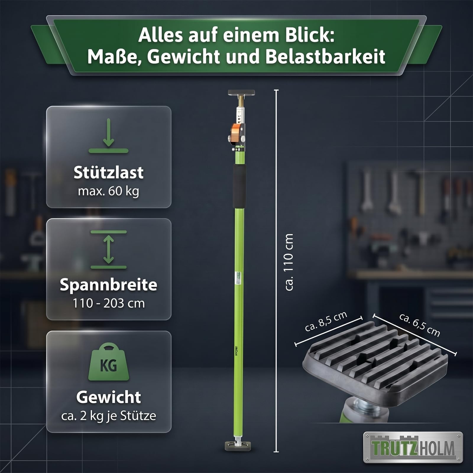 TRUTZHOLM Einhandstütze 110–203 cm Montagestütze Deckenstütze Teleskopstütze 60 kg Tragkraft höhenverstellbar, robust, 45 Grad neigbar, teleskopierbar, verschiedene Mengen (2)