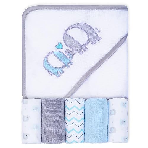 Viviland Toallas y paños de bebé, juego de toallas de baño suaves y absorbentes, toallas con capucha de elefante con 5 paños de cara infantil (6