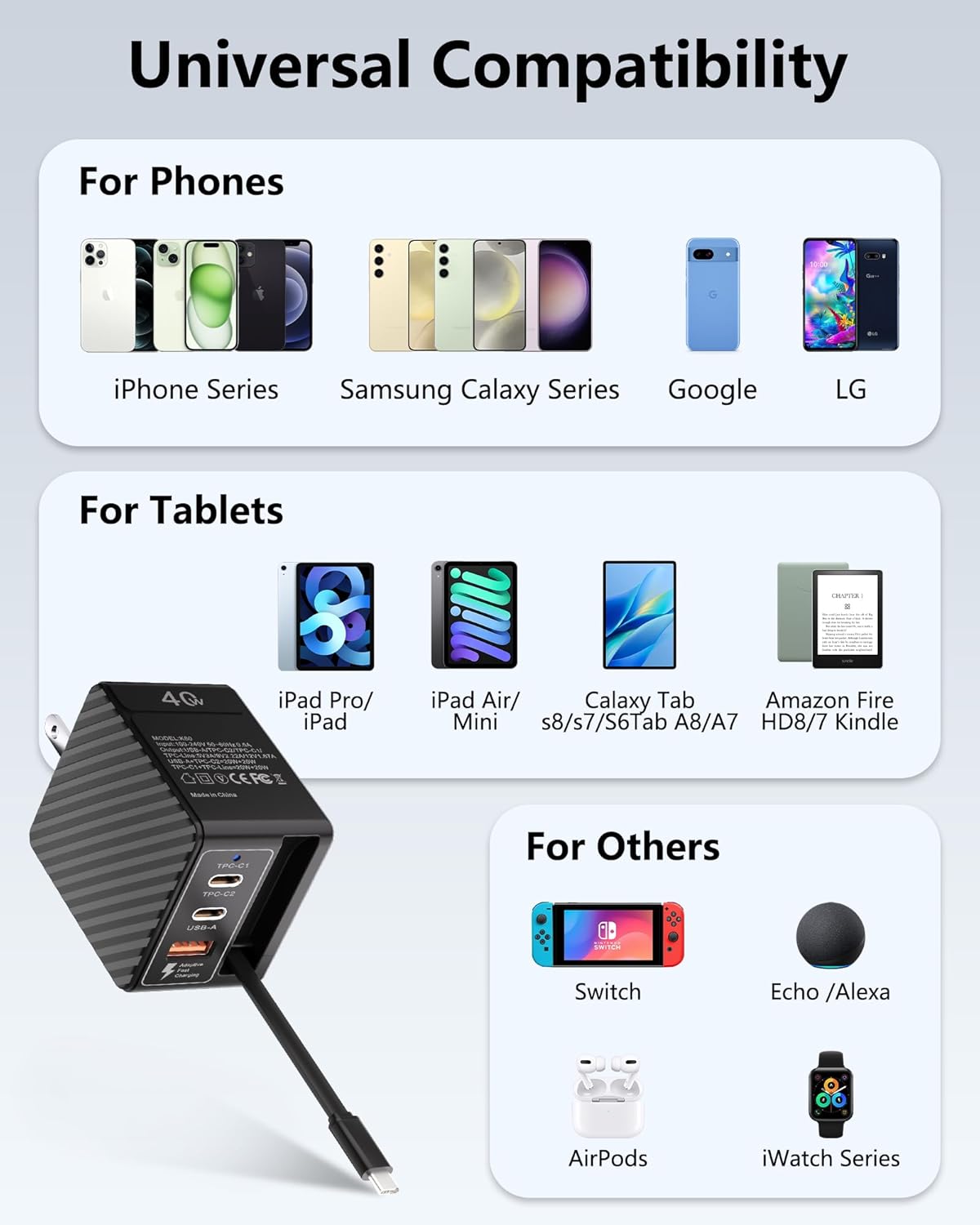 [2 Pack] 40W USB C Charger Block with Retractable Type C Cable, 4 Port GaN IV Travel Charger, PD 20W Fast Foldable Wall Charging Station for iPhone 16 15 Pro/ProMax/Plus, iPad Pro, Galaxy,Pixel