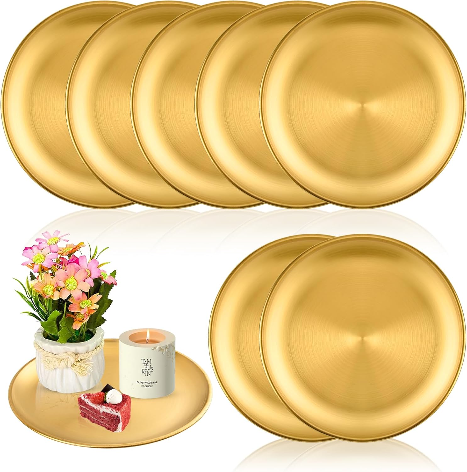 8 Pcs 9 Inch Round Gold Tray, Stainless Steel Gold Dessert Trays, Bar Tray for Countertop, Perfume Trays for Dresser, Bathroom Candle, Jewelry Makeup Organizer
