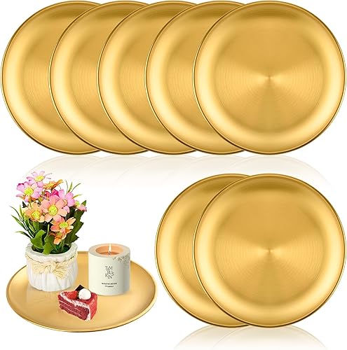8 bandejas redondas doradas de 9 pulgadas, bandejas de postre de acero inoxidable, bandeja de barra para encimera, bandejas de perfume para tocador,