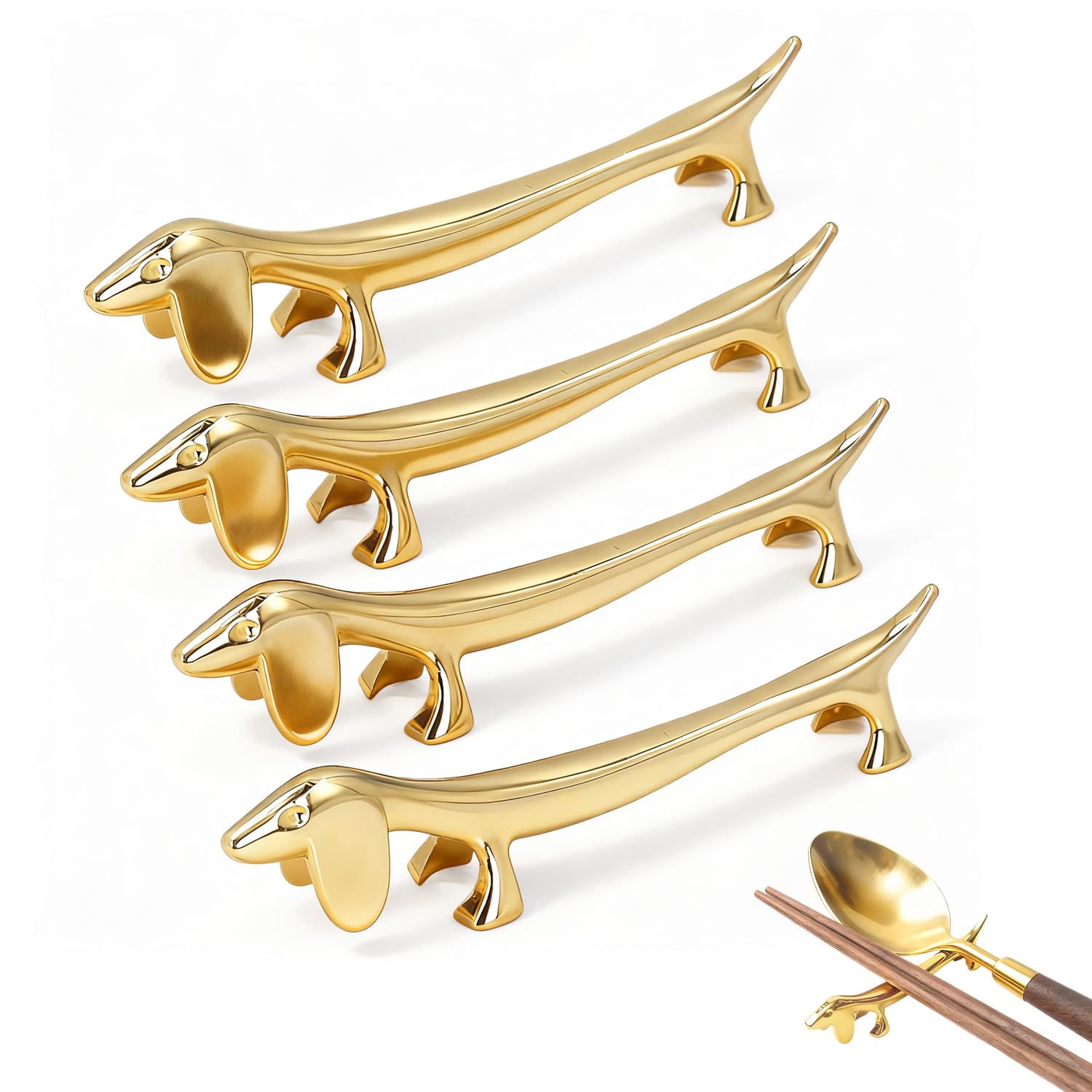 4 Soportes Palillos Acero Inoxidable Animal Perro Oro Posacucharas | Reposacubiertos Reutilizable para Mesa Comedor Cocina Restaurante