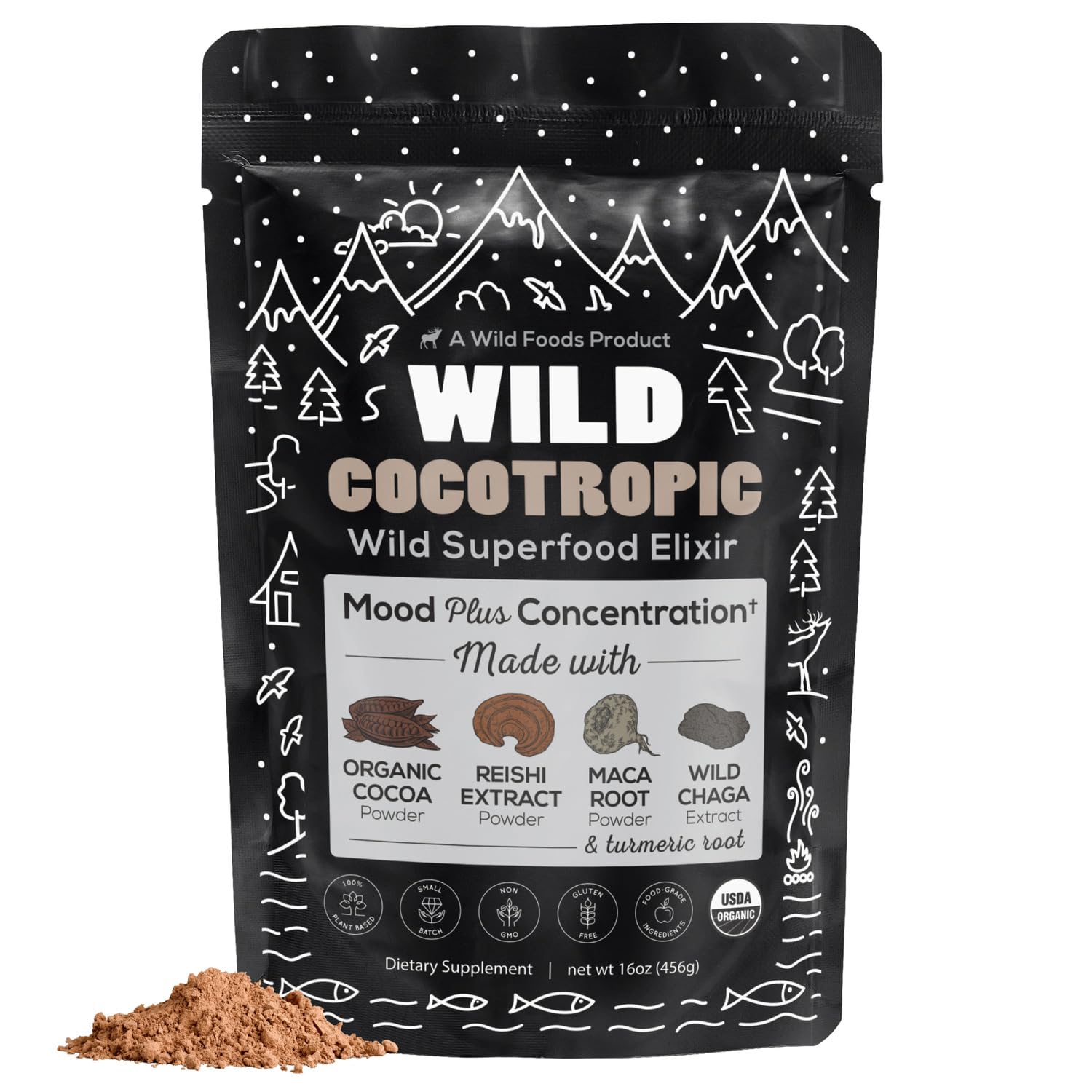 Organic Cocotropic Mushroom Hot Cocoa – Mushroom Coffee Alternative | Sugar Free Hot Chocolate | Organic Cocoa Powder, Reishi Mushrooms, Chaga, Maca Root, Turmeric | Delicious Sustained Focus, Energy & Mood Without Jitters | 16oz